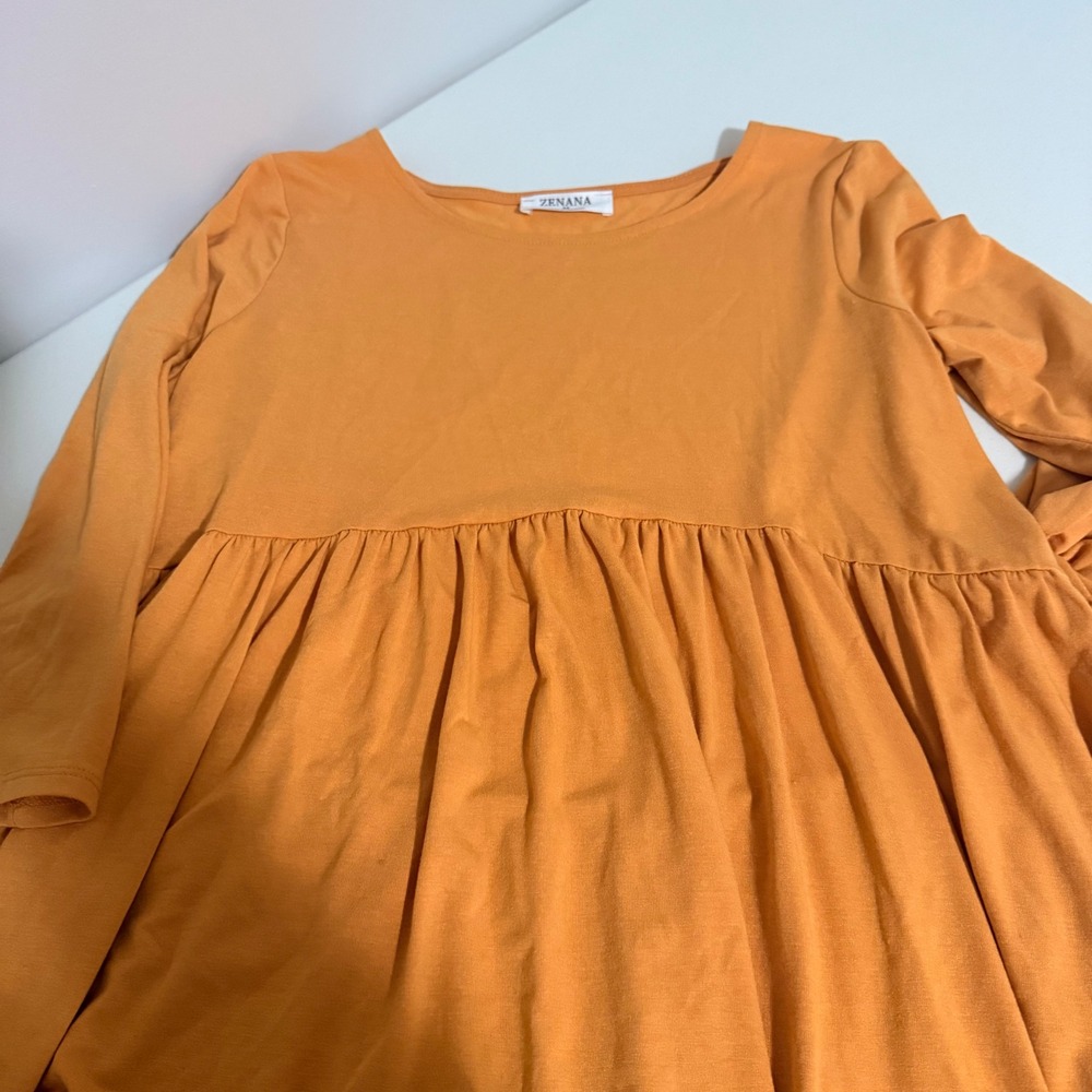 Zenana Womens Orange Long Sleeve Babydoll Tunic Top High Low Hem Size M
